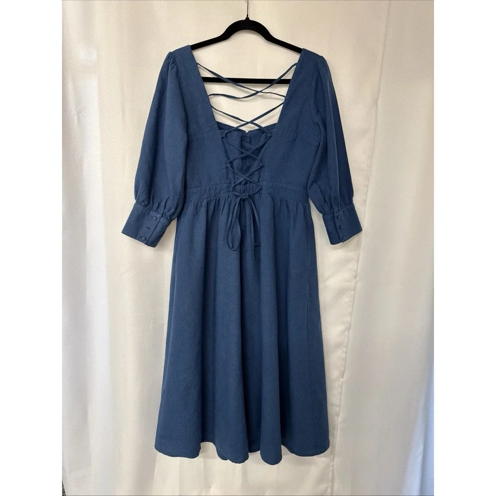 Gaala Paris Esther Midi Button Down Dress Sz 42 Blue Linen Cotton Blend Pockets
